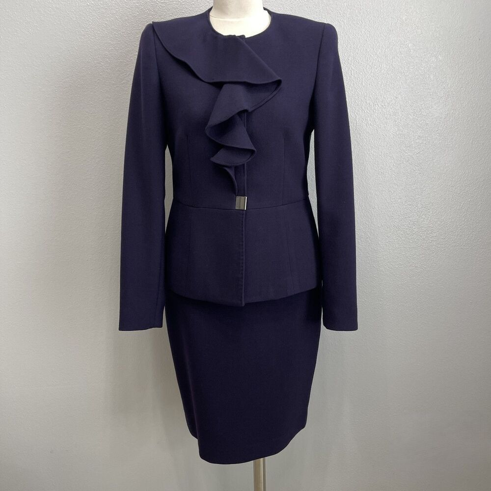 Anne Klein Classic Women's Skirt Suit Navy Blue Size 4 Lined Long Sleeve Ruffle